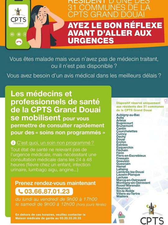 affiche ayez le bon réflexe avant d'aller aux urgences numéroté téléphone 03 66 87 01 23